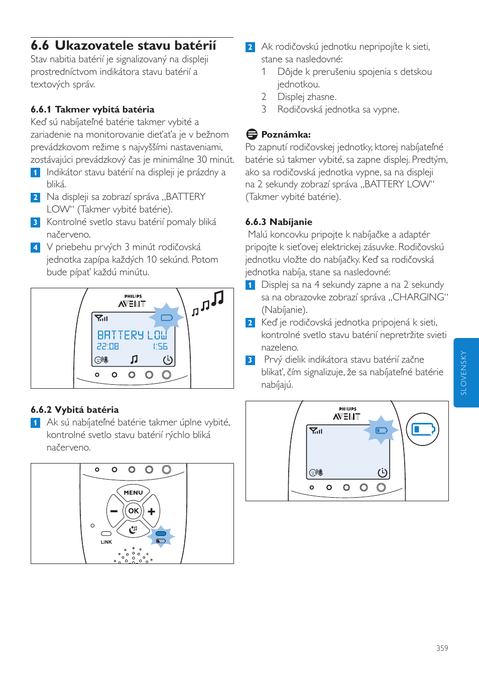 6 ukazovatele stavu batérií | Philips AVENT Vigilabebés DECT User Manual | Page 359 / 460