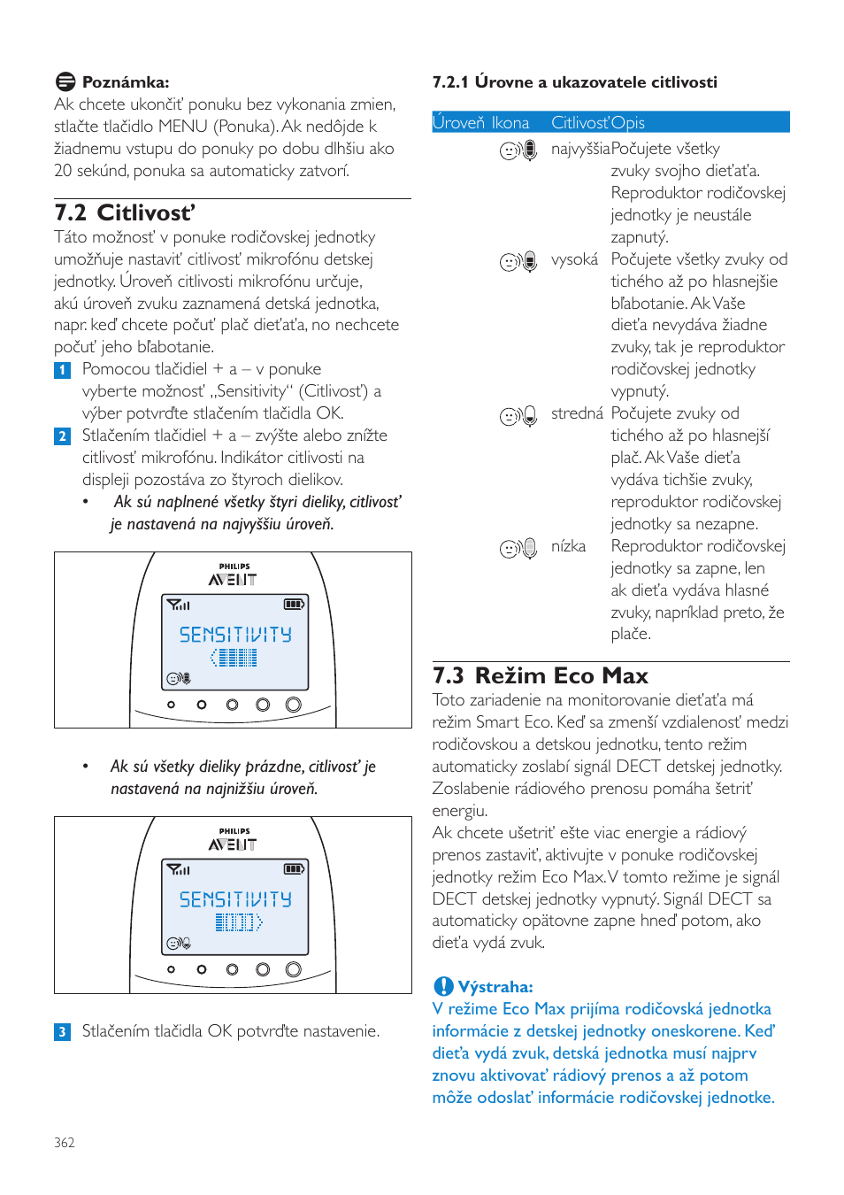 3 režim eco max, 2 citlivosť | Philips AVENT Vigilabebés DECT User Manual | Page 362 / 460
