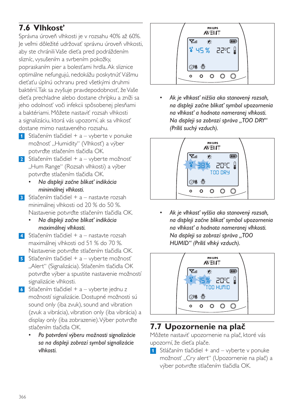 7 upozornenie na plač, 6 vlhkosť | Philips AVENT Vigilabebés DECT User Manual | Page 366 / 460