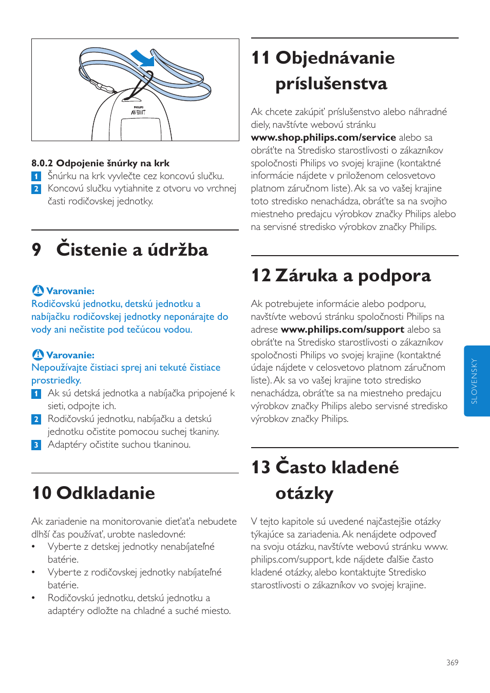 11 objednávanie príslušenstva, 12 záruka a podpora, 13 často kladené otázky | 9 čistenie a údržba, 10 odkladanie | Philips AVENT Vigilabebés DECT User Manual | Page 369 / 460