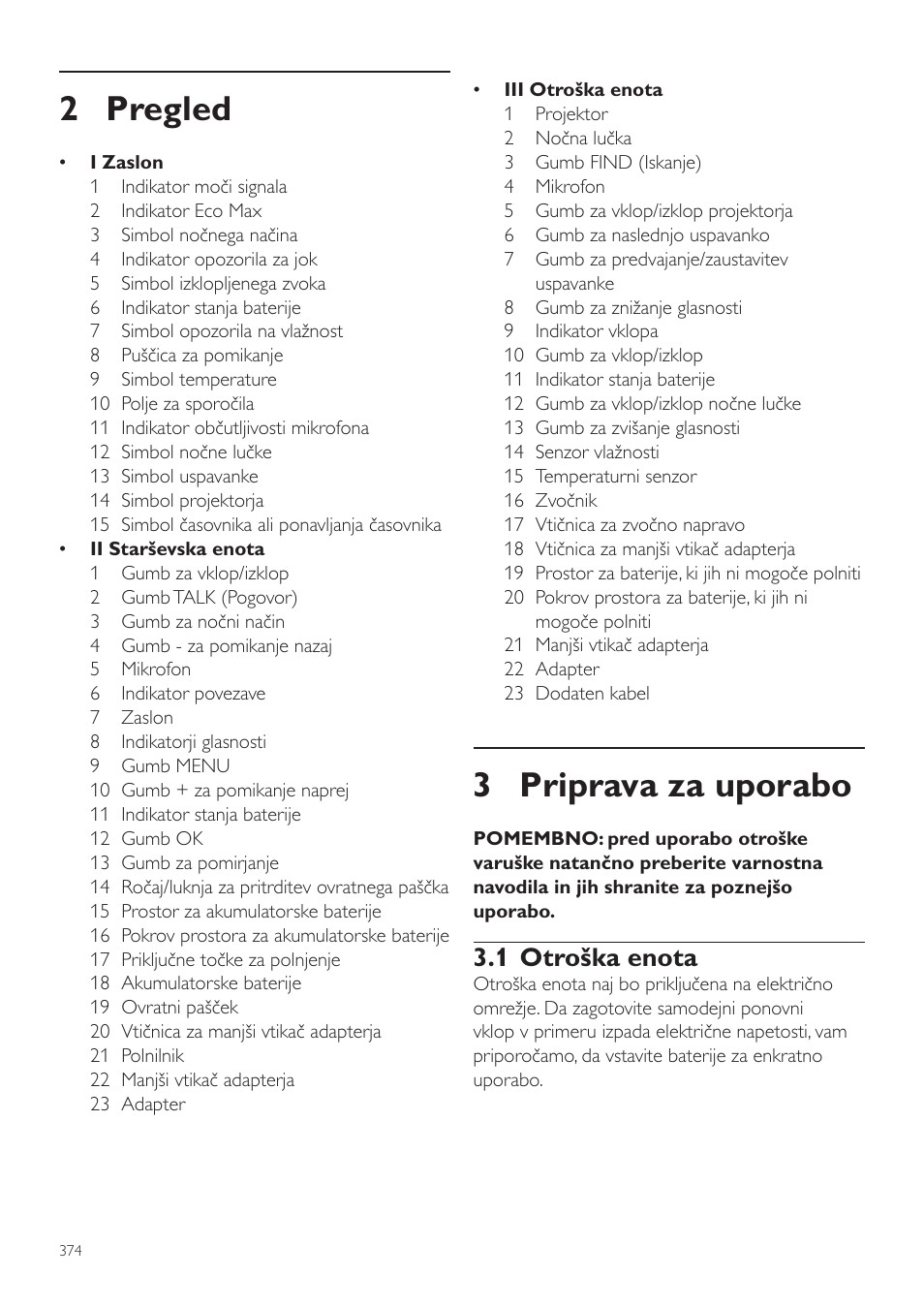 3 priprava za uporabo, 2 pregled, 1 otroška enota | Philips AVENT Vigilabebés DECT User Manual | Page 374 / 460