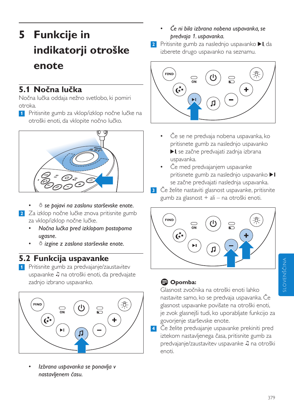 1 nočna lučka, 2 funkcija uspavanke | Philips AVENT Vigilabebés DECT User Manual | Page 379 / 460