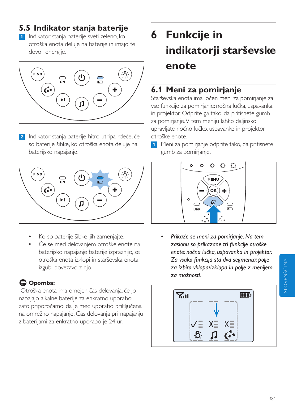 1 meni za pomirjanje, 5 indikator stanja baterije | Philips AVENT Vigilabebés DECT User Manual | Page 381 / 460