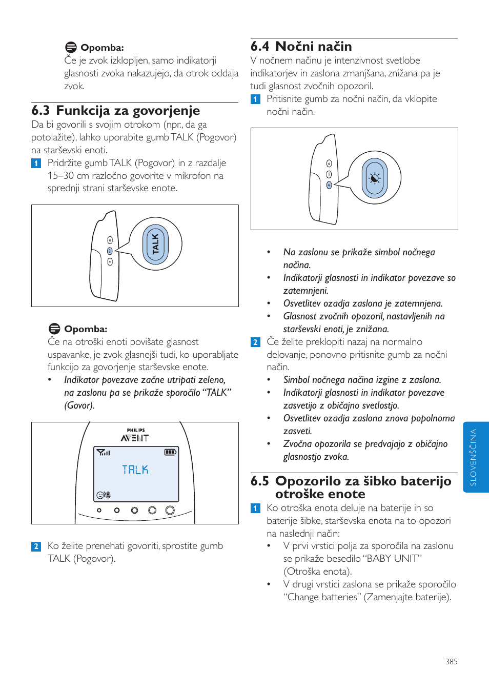 4 nočni način, 3 funkcija za govorjenje | Philips AVENT Vigilabebés DECT User Manual | Page 385 / 460