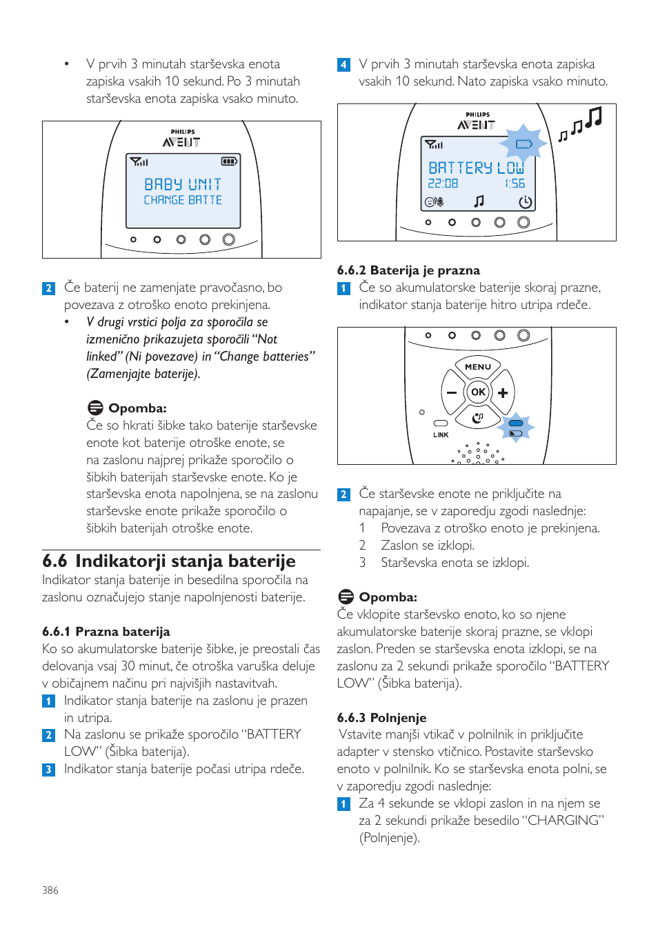 6 indikatorji stanja baterije | Philips AVENT Vigilabebés DECT User Manual | Page 386 / 460