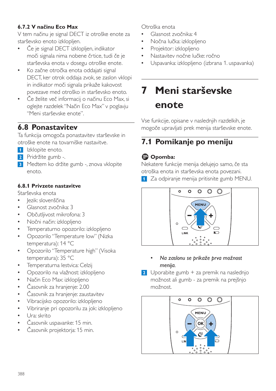 1 pomikanje po meniju, 8 ponastavitev | Philips AVENT Vigilabebés DECT User Manual | Page 388 / 460