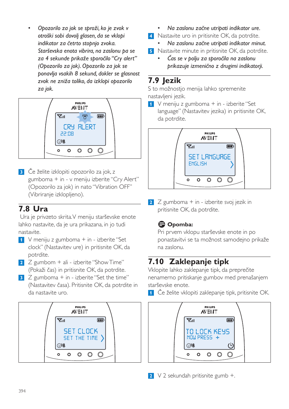9 jezik, 10 zaklepanje tipk, 8 ura | Philips AVENT Vigilabebés DECT User Manual | Page 394 / 460