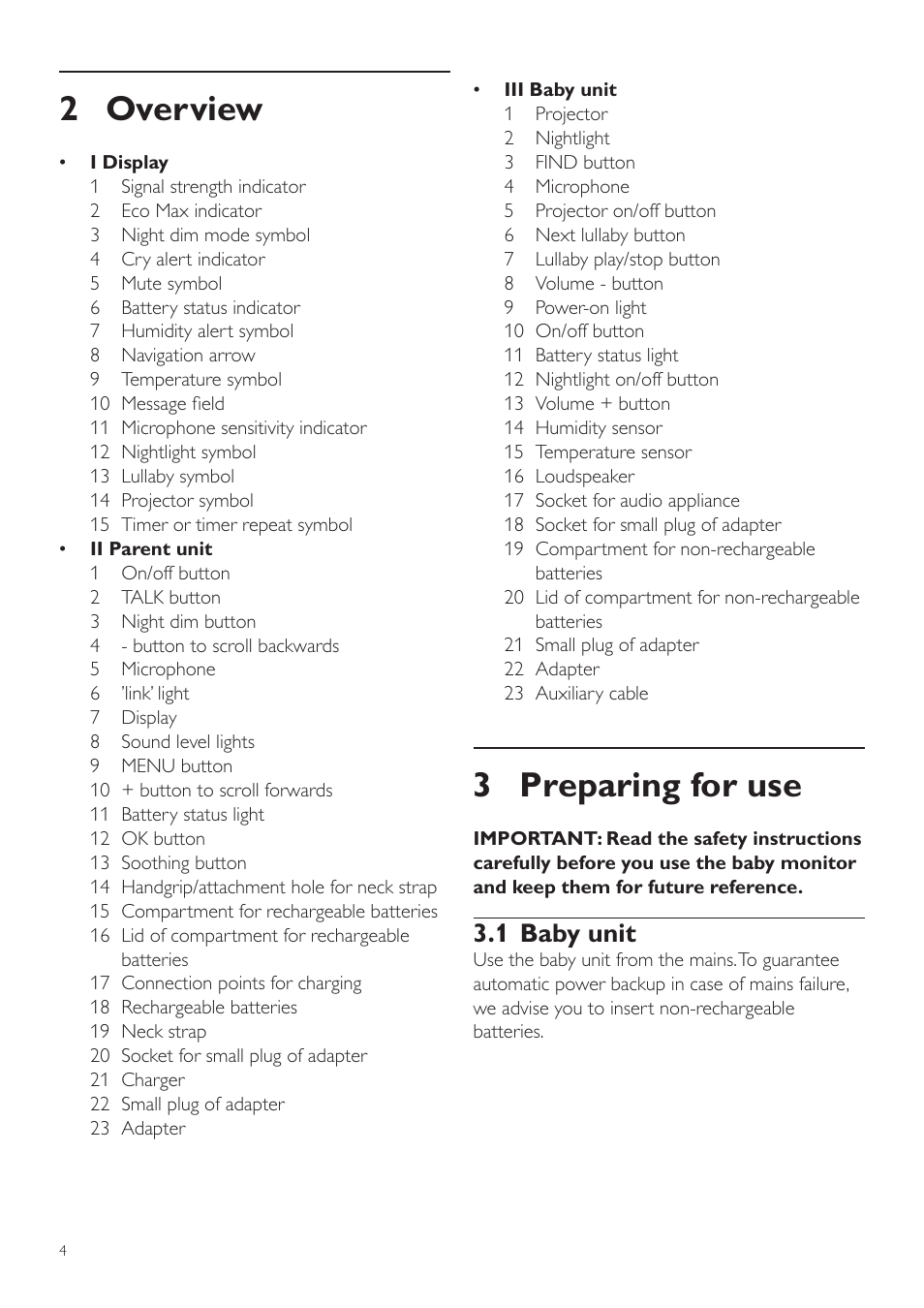 3 preparing for use, 2 overview, 1 baby unit | Philips AVENT Vigilabebés DECT User Manual | Page 4 / 460