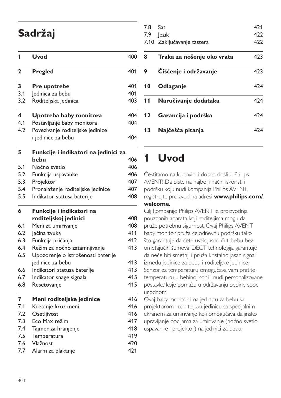 Srpski, Korisnički priručnik, 1 uvod | Sadržaj | Philips AVENT Vigilabebés DECT User Manual | Page 400 / 460