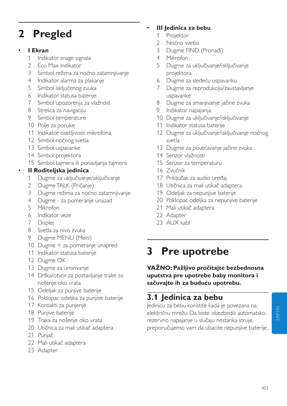 3 pre upotrebe, 2 pregled, 1 jedinica za bebu | Philips AVENT Vigilabebés DECT User Manual | Page 401 / 460