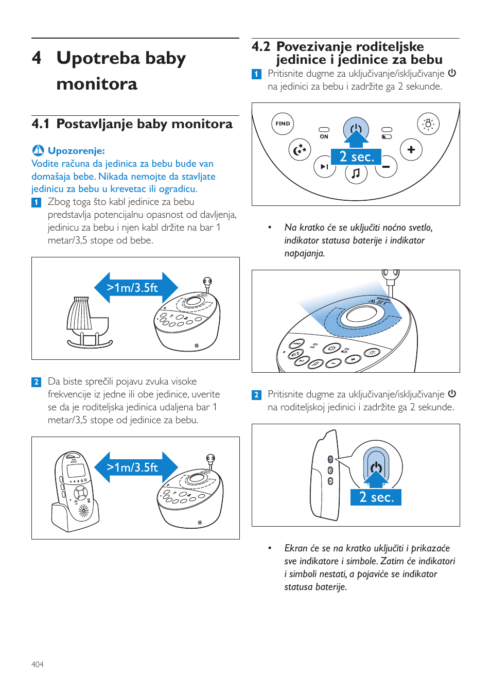4 upotreba baby monitora, 1 postavljanje baby monitora | Philips AVENT Vigilabebés DECT User Manual | Page 404 / 460
