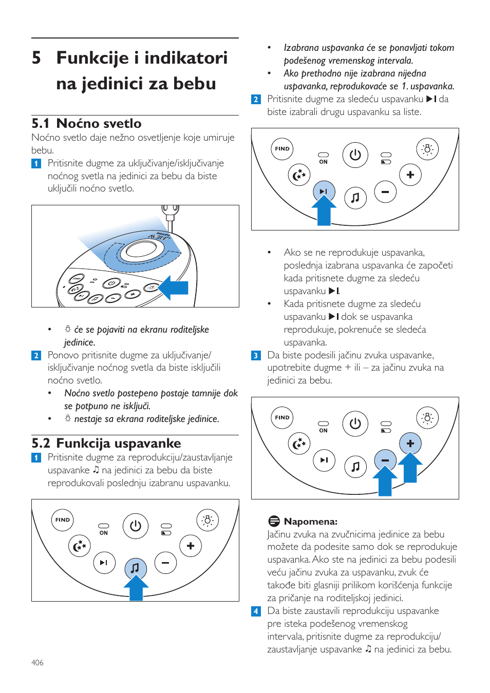 5 funkcije i indikatori na jedinici za bebu, 1 noćno svetlo, 2 funkcija uspavanke | Philips AVENT Vigilabebés DECT User Manual | Page 406 / 460