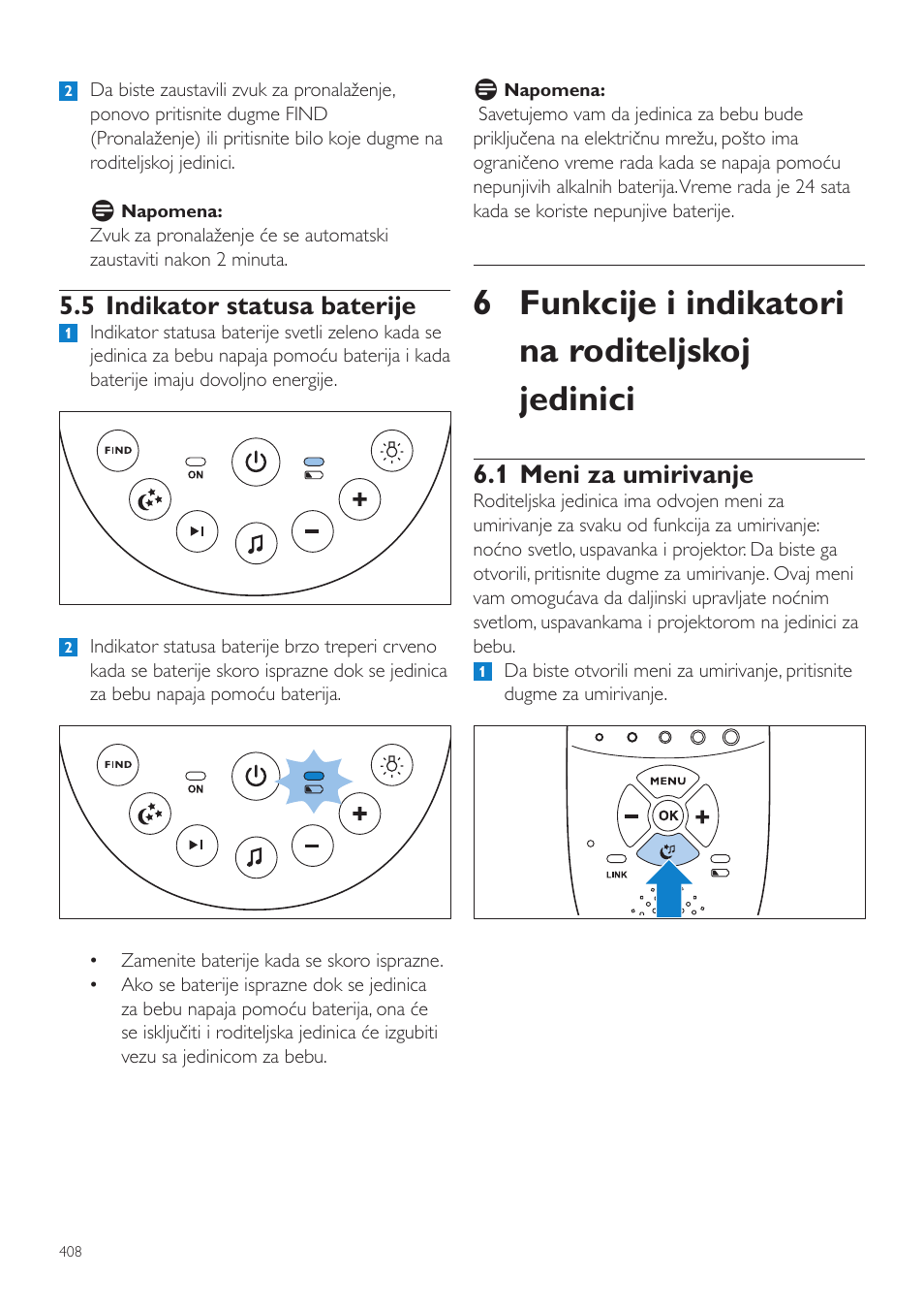 6 funkcije i indikatori na roditeljskoj jedinici, 1 meni za umirivanje, 5 indikator statusa baterije | Philips AVENT Vigilabebés DECT User Manual | Page 408 / 460