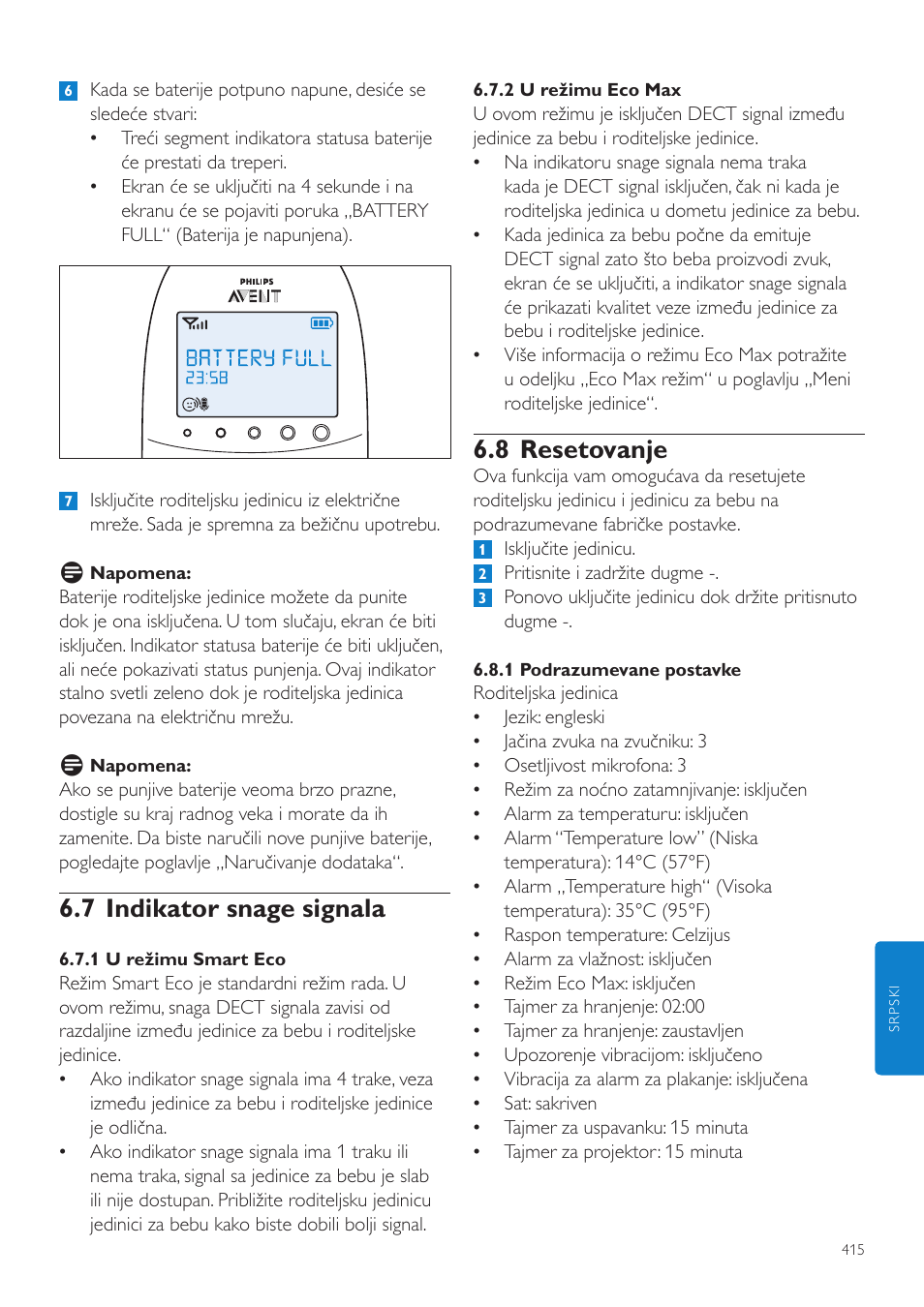 8 resetovanje, 7 indikator snage signala | Philips AVENT Vigilabebés DECT User Manual | Page 415 / 460