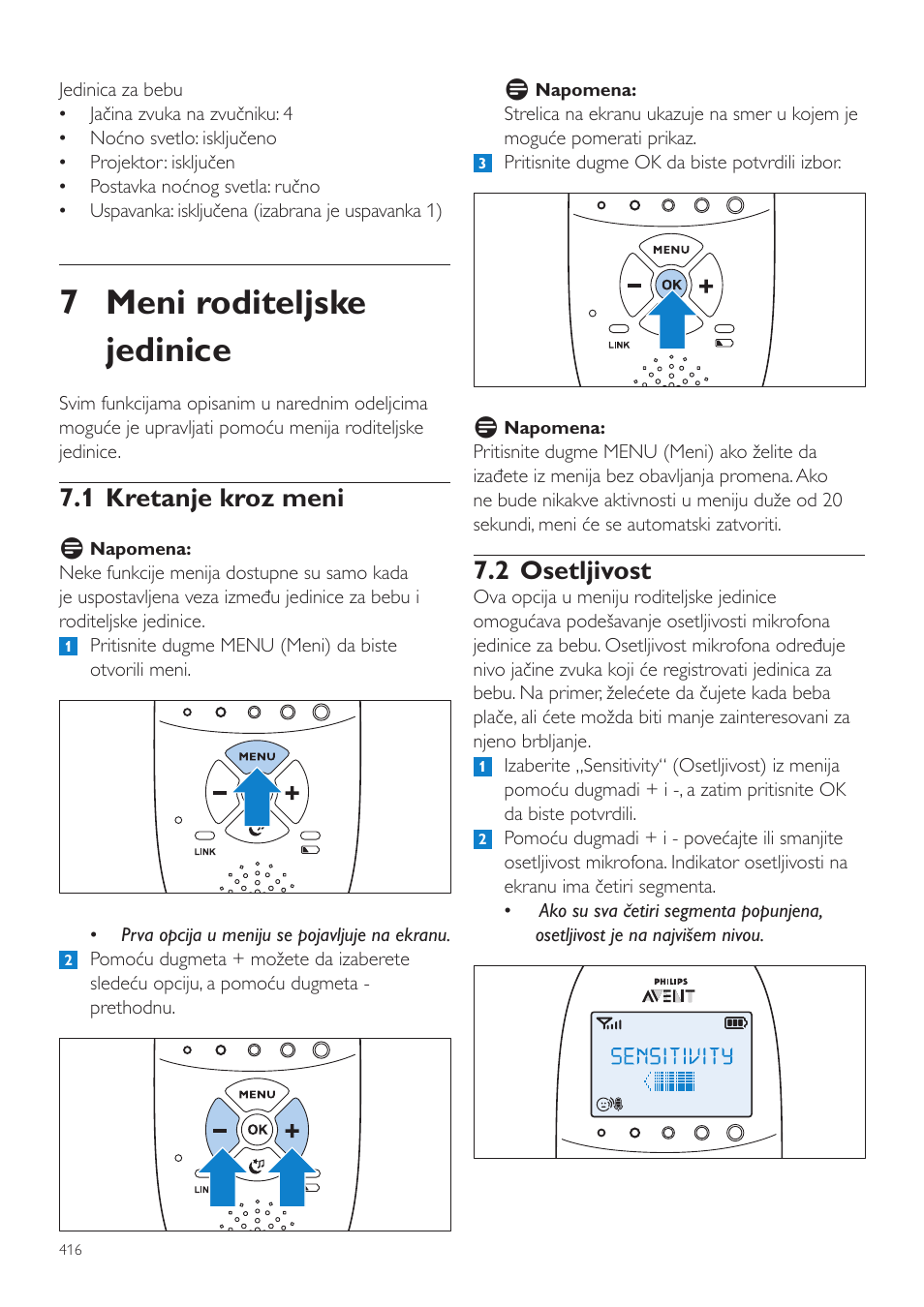 7 meni roditeljske jedinice, 2 osetljivost, 1 kretanje kroz meni | Philips AVENT Vigilabebés DECT User Manual | Page 416 / 460