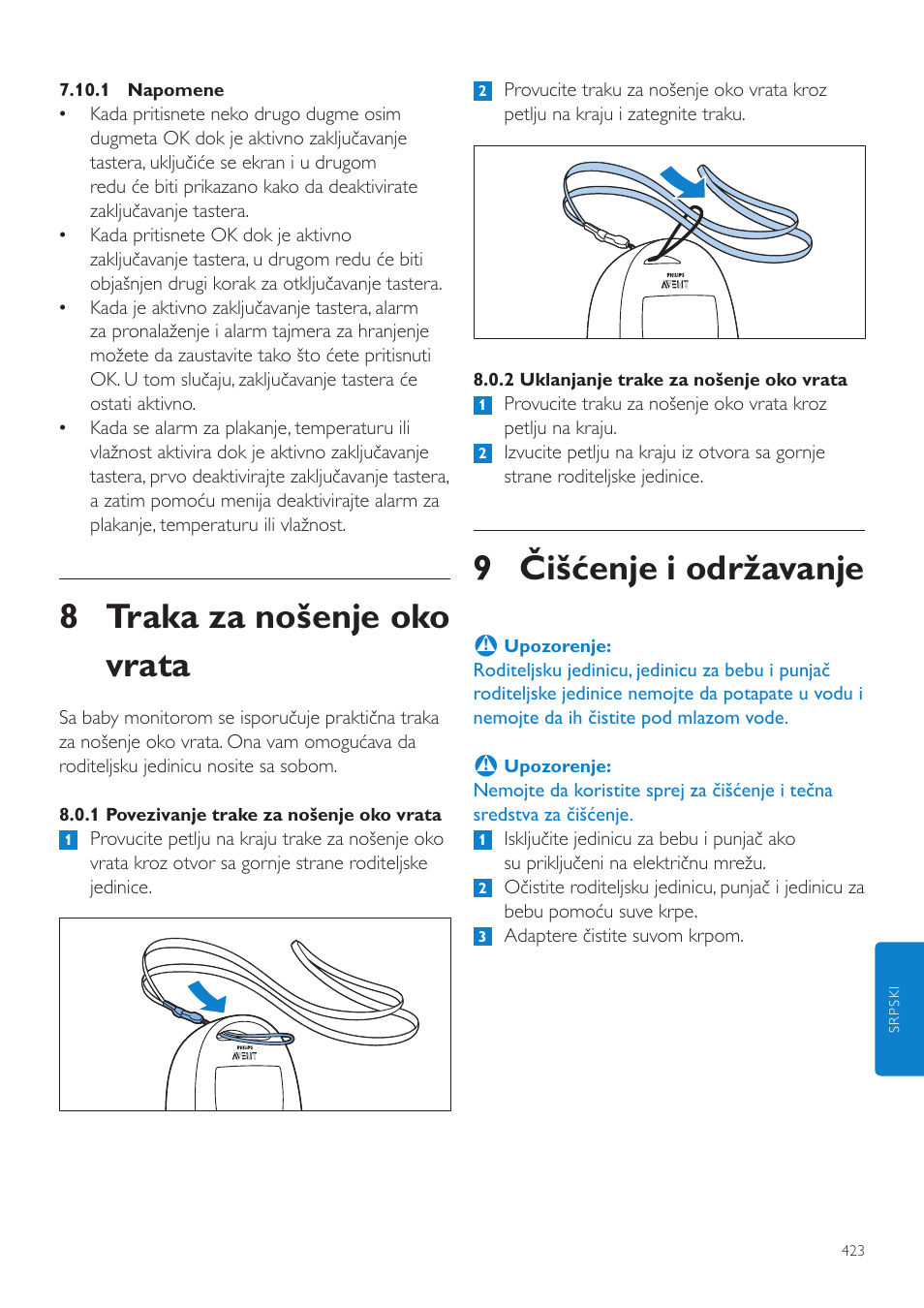 9 čišćenje i održavanje, 8 traka za nošenje oko vrata | Philips AVENT Vigilabebés DECT User Manual | Page 423 / 460