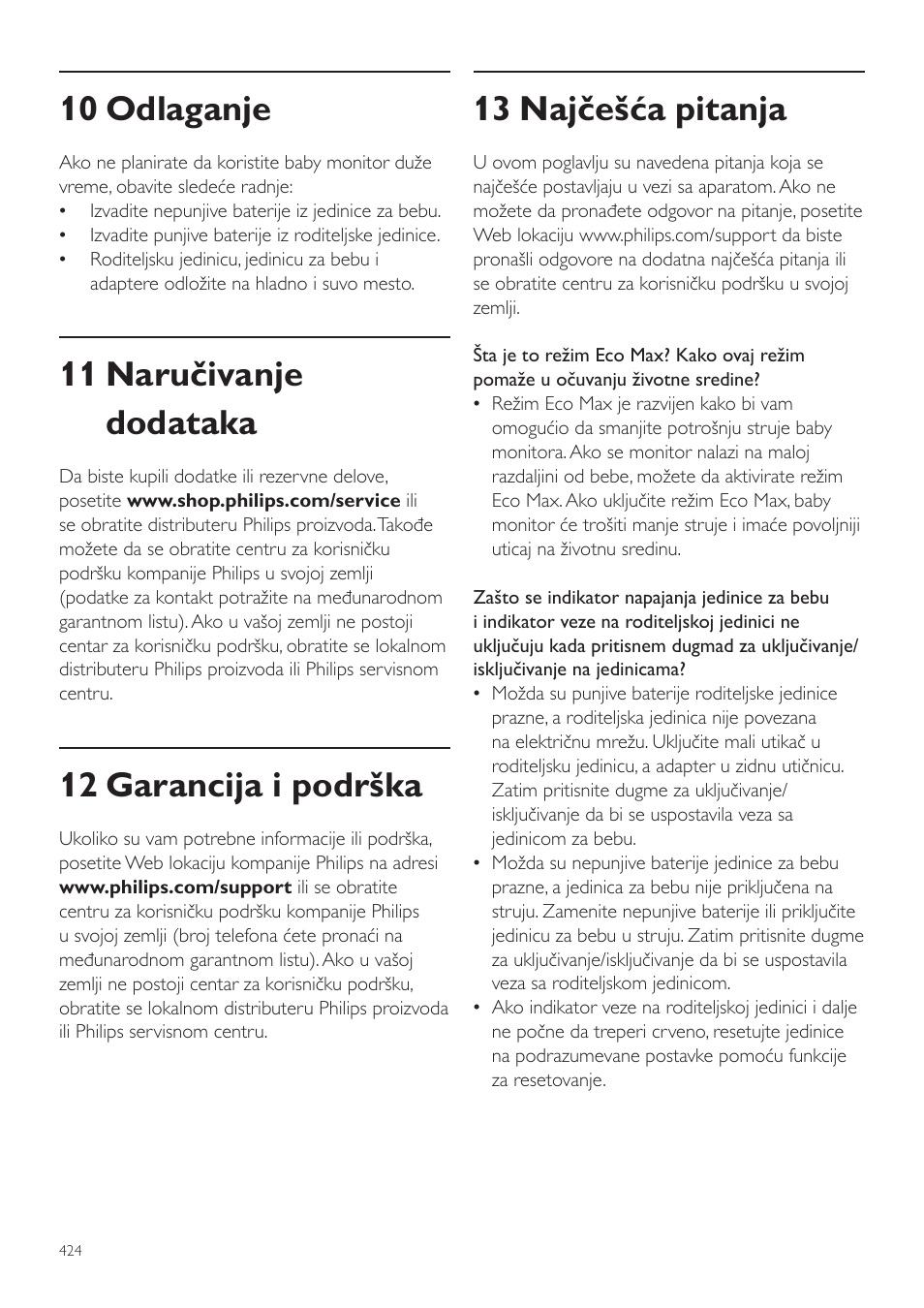 13 najčešća pitanja, 10 odlaganje, 11 naručivanje dodataka | 12 garancija i podrška | Philips AVENT Vigilabebés DECT User Manual | Page 424 / 460