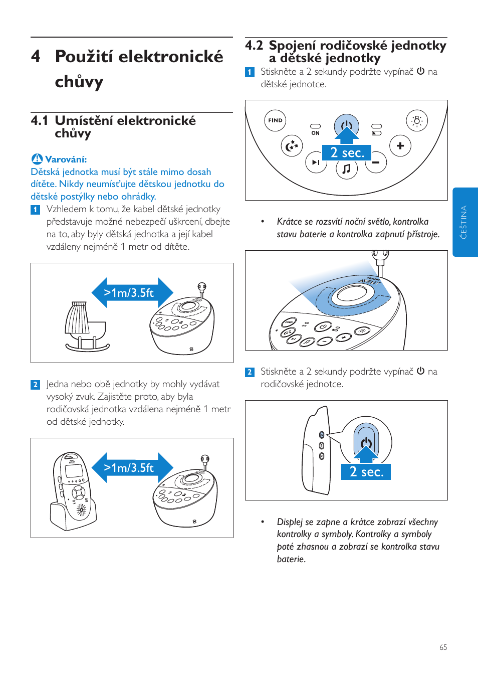 4 použití elektronické chůvy, 2 spojení rodičovské jednotky a dětské jednotky, 1 umístění elektronické chůvy | Philips AVENT Vigilabebés DECT User Manual | Page 65 / 460
