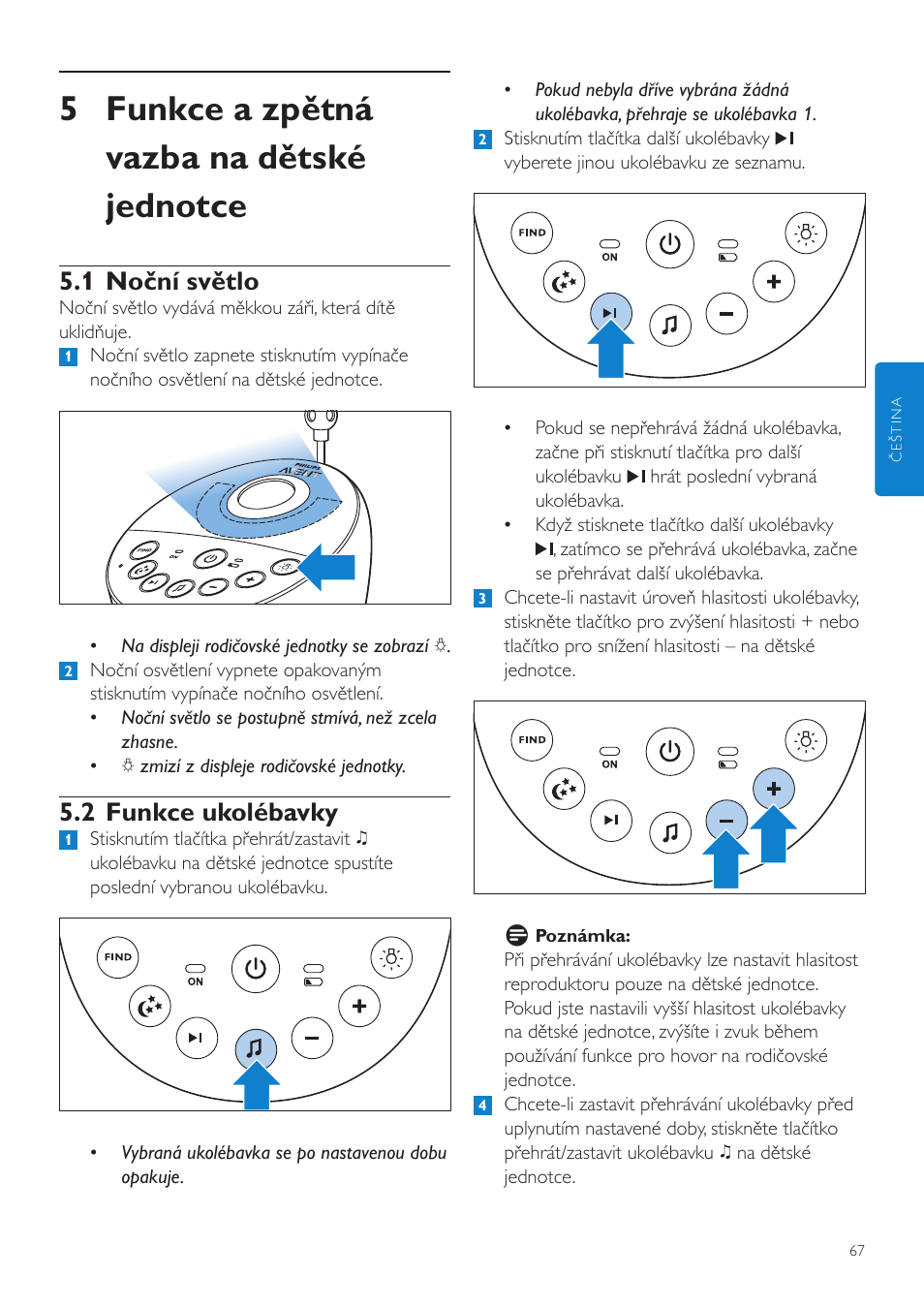 5 funkce a zpětná vazba na dětské jednotce, 1 noční světlo, 2 funkce ukolébavky | Philips AVENT Vigilabebés DECT User Manual | Page 67 / 460