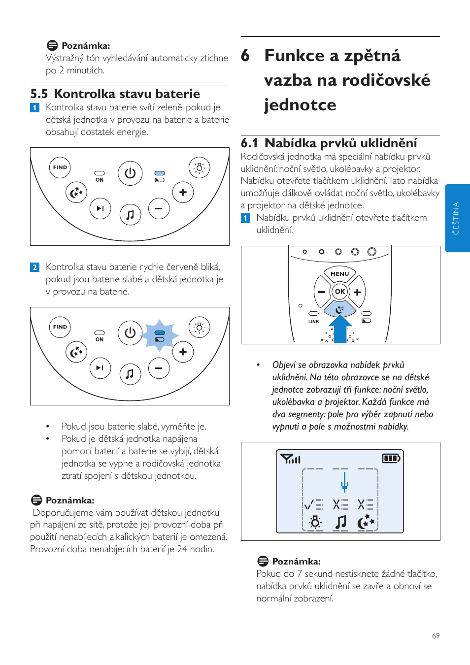 6 funkce a zpětná vazba na rodičovské jednotce, 1 nabídka prvků uklidnění, 5 kontrolka stavu baterie | Philips AVENT Vigilabebés DECT User Manual | Page 69 / 460