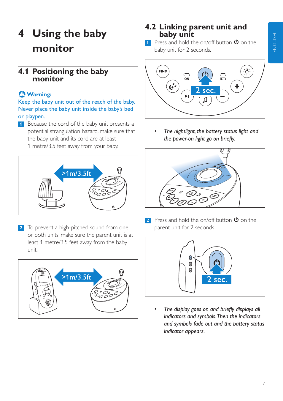 4 using the baby monitor, 2 linking parent unit and baby unit, 1 positioning the baby monitor | Philips AVENT Vigilabebés DECT User Manual | Page 7 / 460
