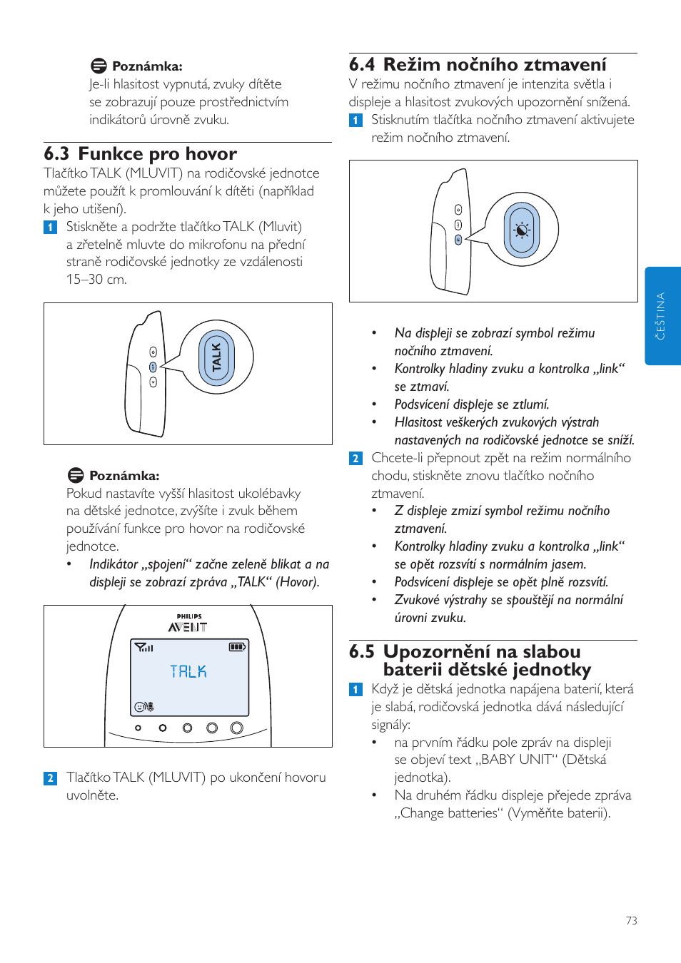 4 režim nočního ztmavení, 5 upozornění na slabou baterii dětské jednotky, 3 funkce pro hovor | Philips AVENT Vigilabebés DECT User Manual | Page 73 / 460