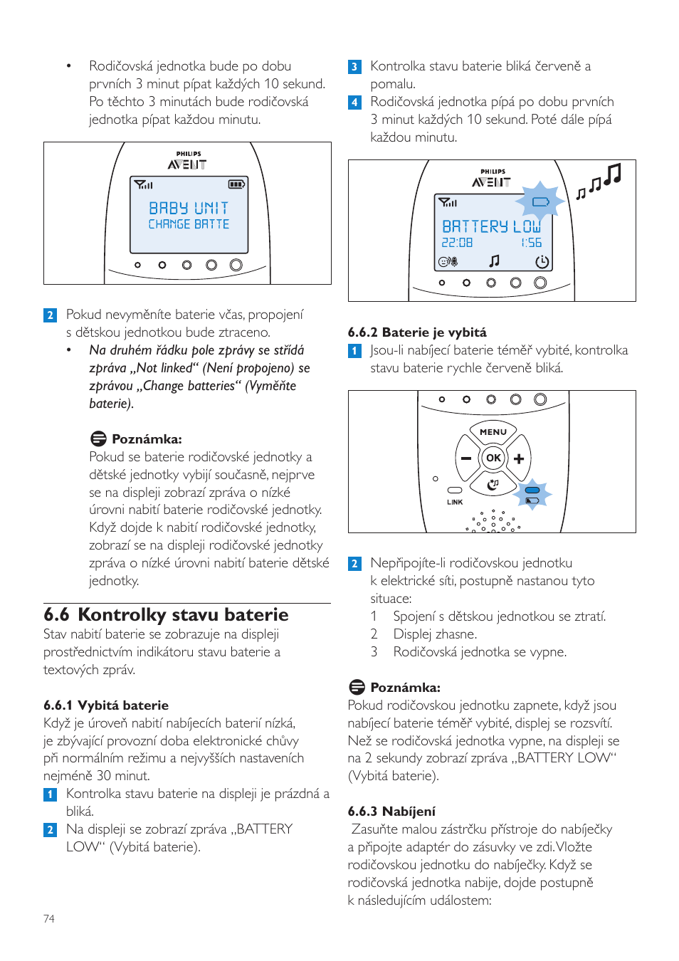 6 kontrolky stavu baterie | Philips AVENT Vigilabebés DECT User Manual | Page 74 / 460