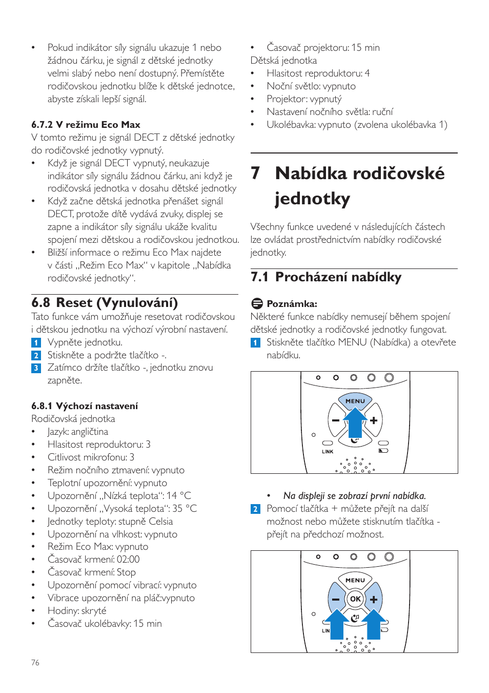 7 nabídka rodičovské jednotky, 1 procházení nabídky, 8 reset (vynulování) | Philips AVENT Vigilabebés DECT User Manual | Page 76 / 460