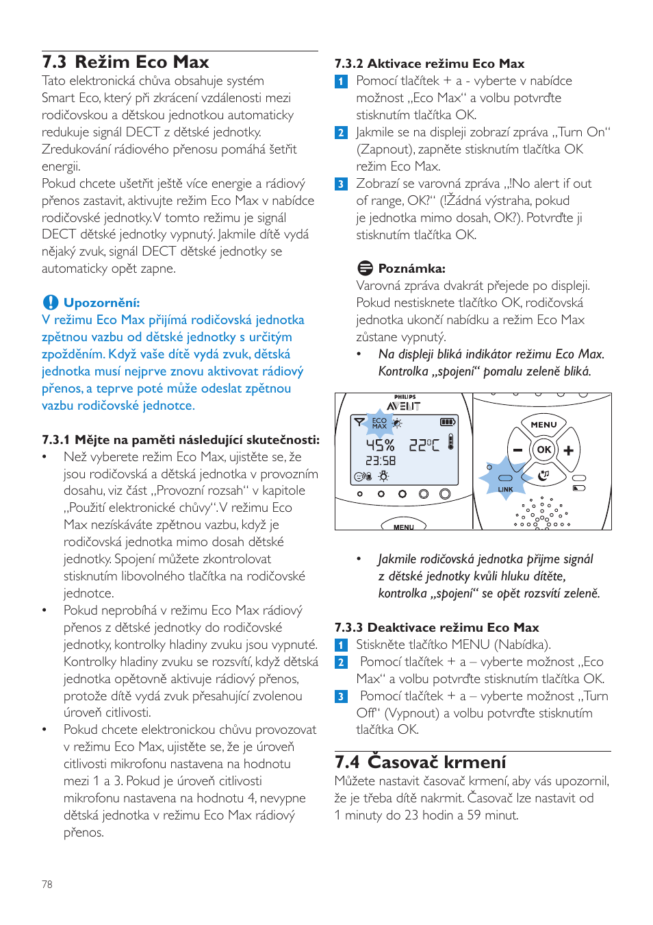 4 časovač krmení, 3 režim eco max | Philips AVENT Vigilabebés DECT User Manual | Page 78 / 460