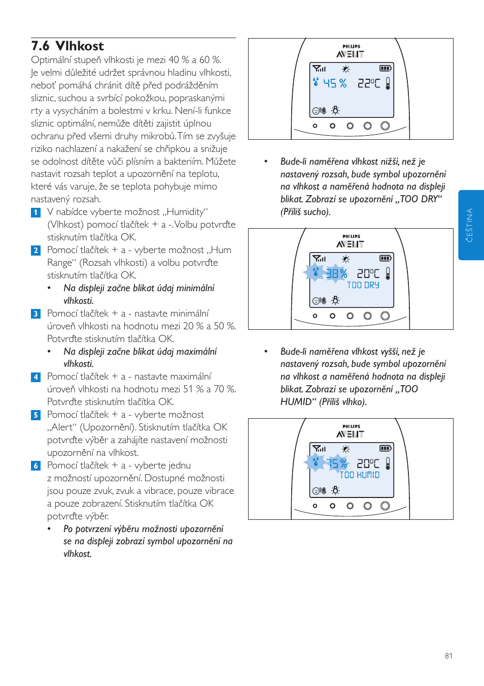 6 vlhkost | Philips AVENT Vigilabebés DECT User Manual | Page 81 / 460