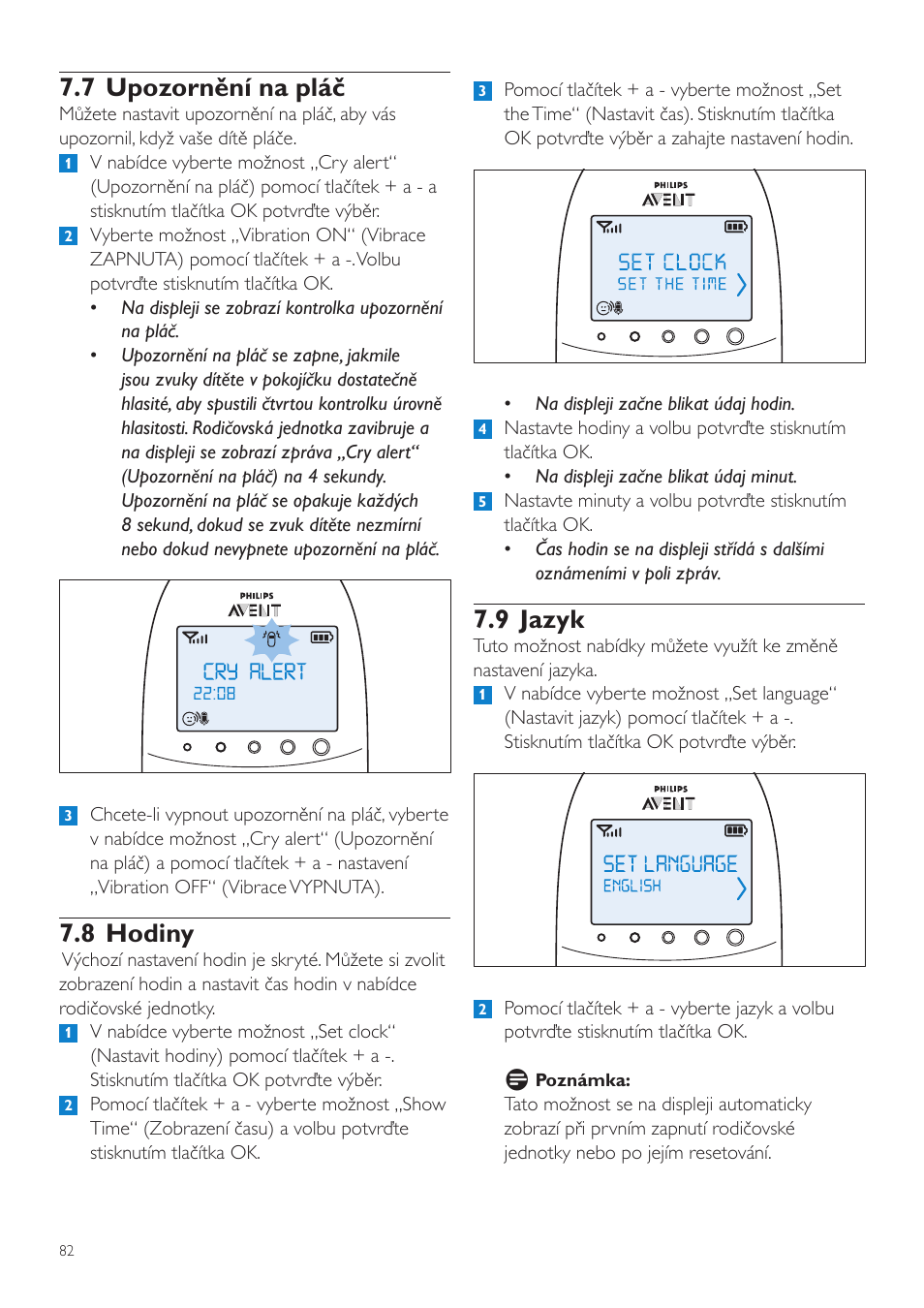 9 jazyk, 7 upozornění na pláč, 8 hodiny | Philips AVENT Vigilabebés DECT User Manual | Page 82 / 460