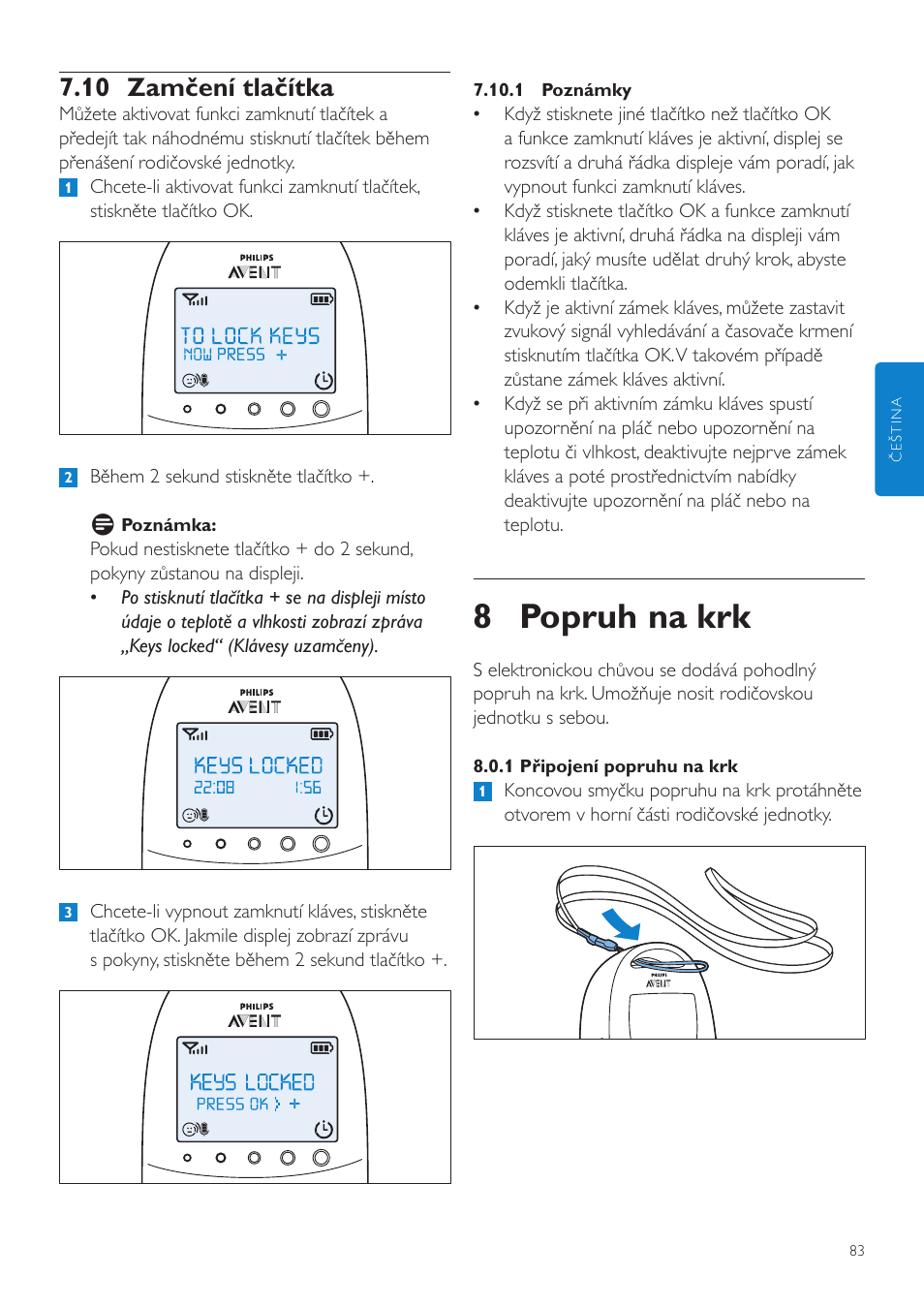 8 popruh na krk, 10 zamčení tlačítka | Philips AVENT Vigilabebés DECT User Manual | Page 83 / 460