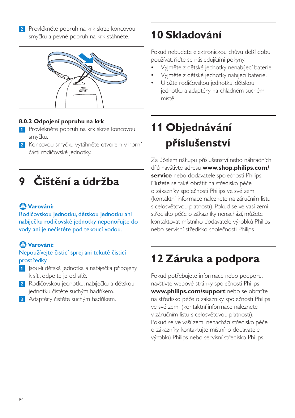 10 skladování, 11 objednávání příslušenství, 12 záruka a podpora | 9 čištění a údržba | Philips AVENT Vigilabebés DECT User Manual | Page 84 / 460