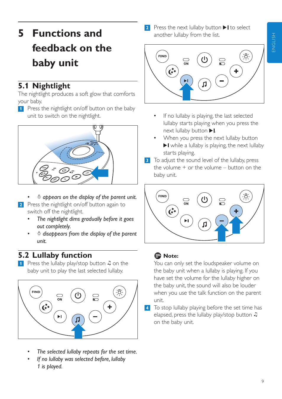 5 functions and feedback on the baby unit, 1 nightlight, 2 lullaby function | Philips AVENT Vigilabebés DECT User Manual | Page 9 / 460