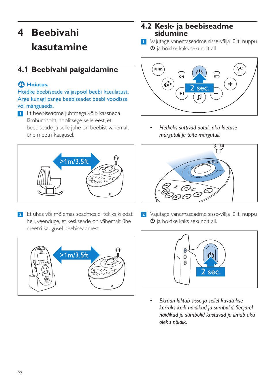 4 beebivahi kasutamine, 2 kesk- ja beebiseadme sidumine, 1 beebivahi paigaldamine | Philips AVENT Vigilabebés DECT User Manual | Page 92 / 460