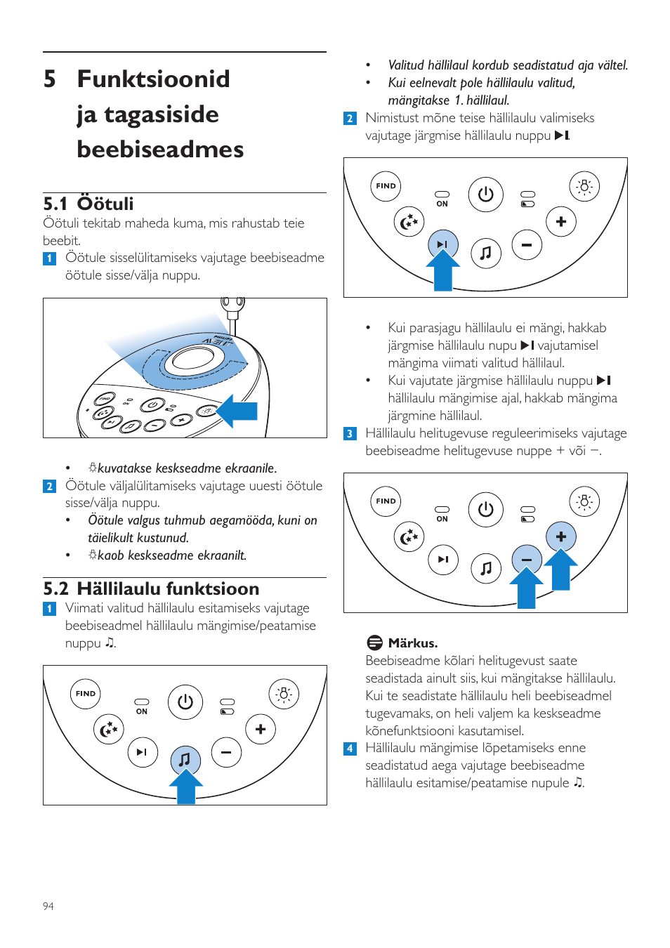 5 funktsioonid ja tagasiside beebiseadmes, 1 öötuli, 2 hällilaulu funktsioon | Philips AVENT Vigilabebés DECT User Manual | Page 94 / 460