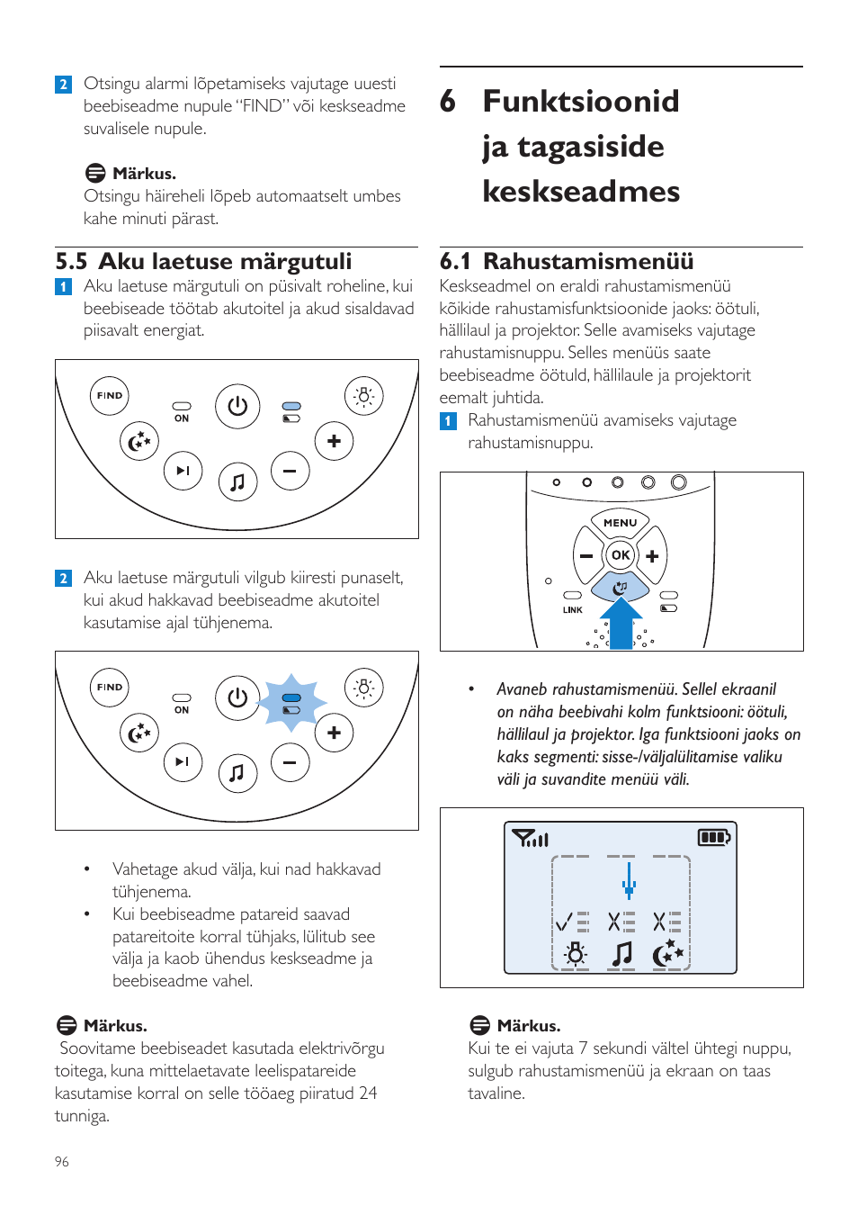 6 funktsioonid ja tagasiside keskseadmes, 1 rahustamismenüü, 5 aku laetuse märgutuli | Philips AVENT Vigilabebés DECT User Manual | Page 96 / 460