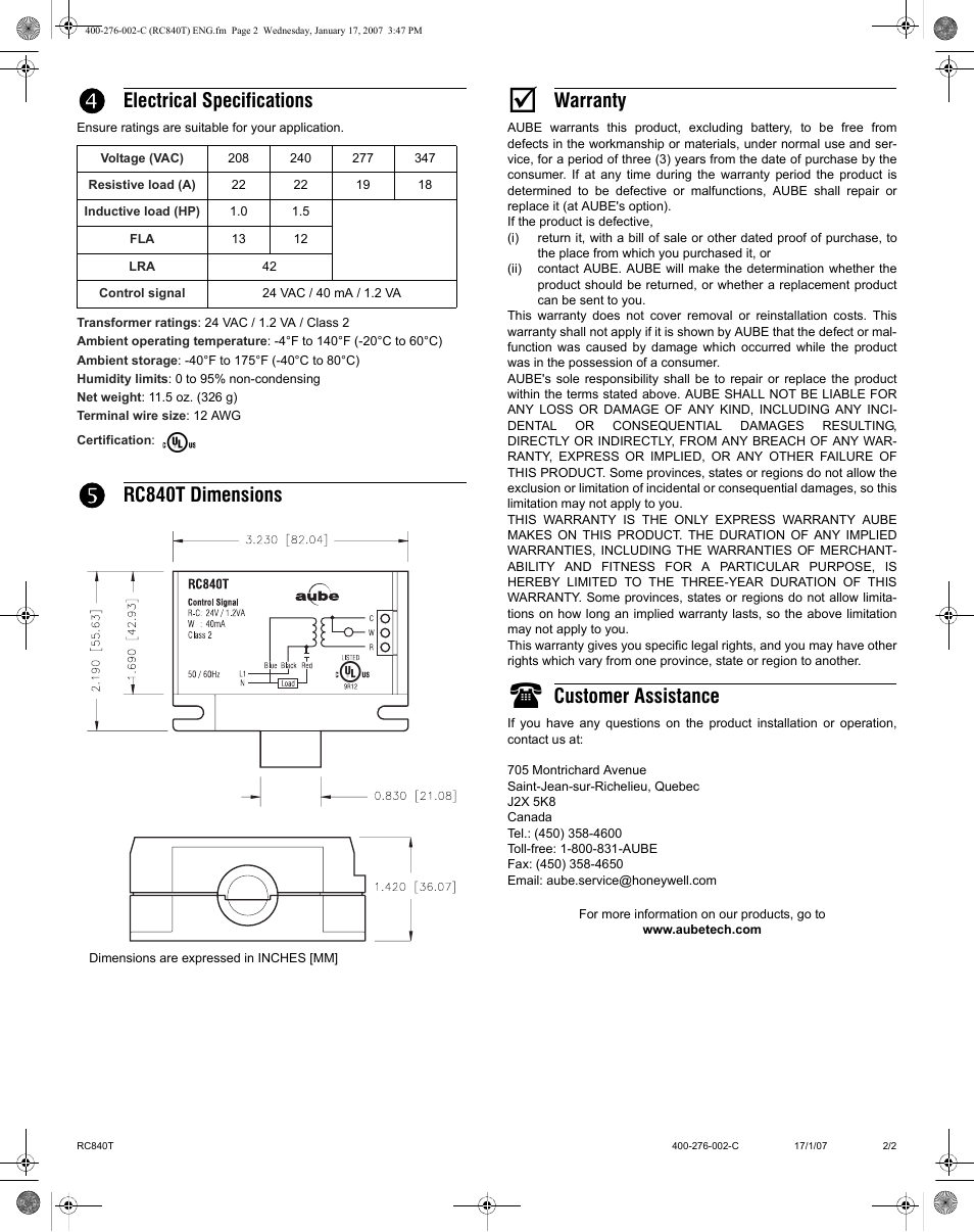 Electrical specifications, Rc840t dimensions, Warranty | Customer assistance | Aube Technologies RC840T User Manual | Page 2 / 2