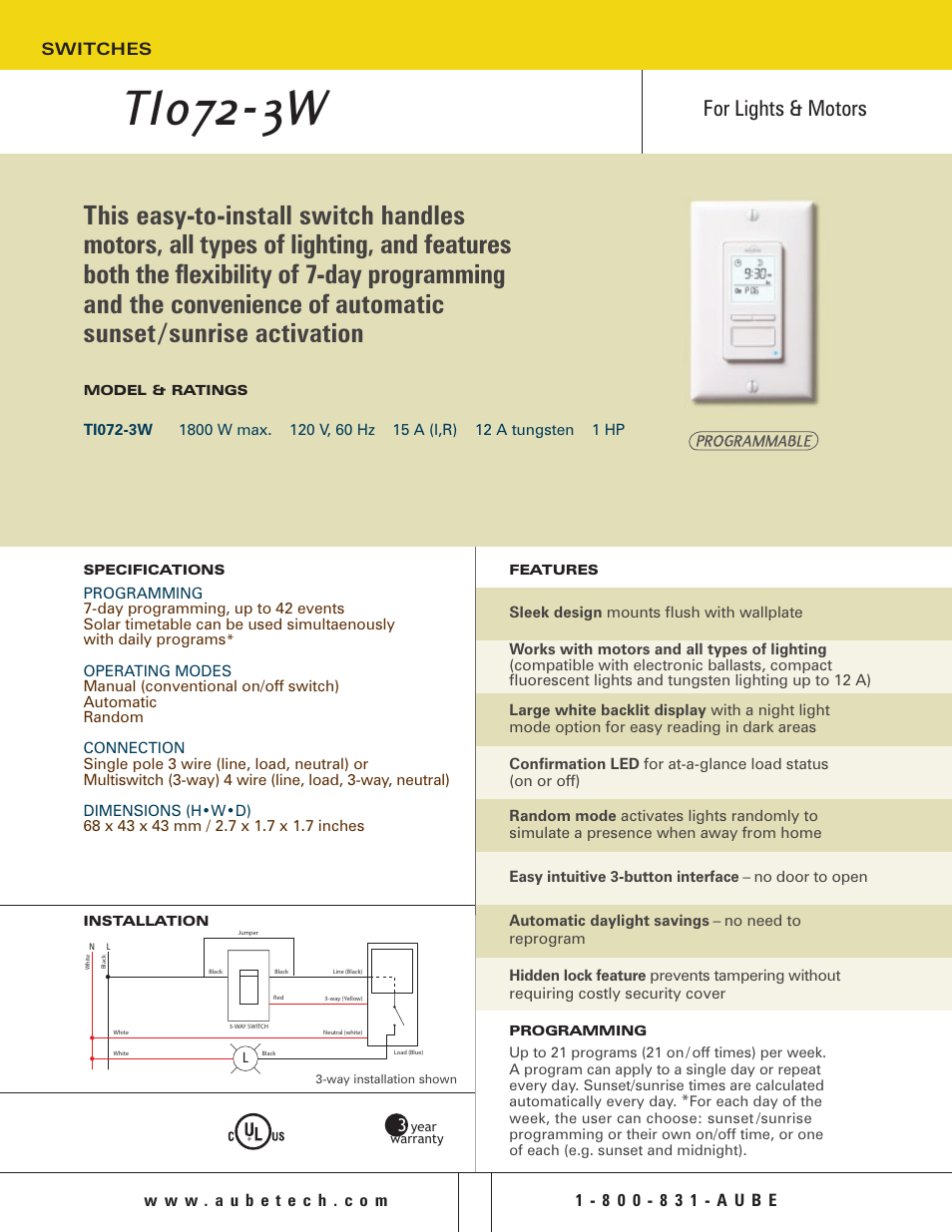 Aube Technologies Switches for Lights and Motors TI-0723W User Manual | 2 pages