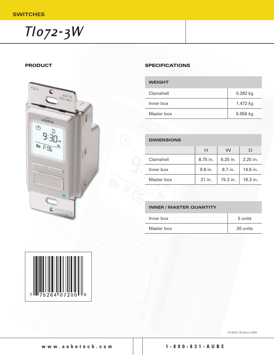 Ti072-3w | Aube Technologies Switches for Lights and Motors TI-0723W User Manual | Page 2 / 2