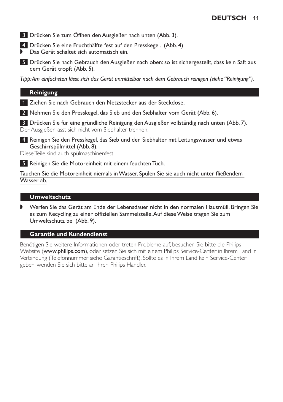 Reinigung, Umweltschutz, Garantie und kundendienst | Philips Exprimidor User Manual | Page 11 / 38