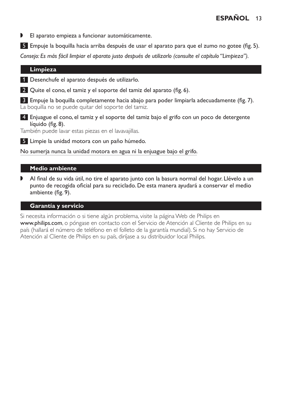 Limpieza, Medio ambiente, Garantía y servicio | Philips Exprimidor User Manual | Page 13 / 38