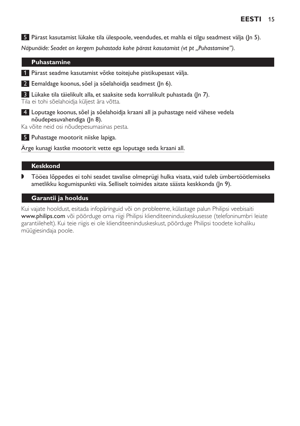 Puhastamine, Keskkond, Garantii ja hooldus | Philips Exprimidor User Manual | Page 15 / 38