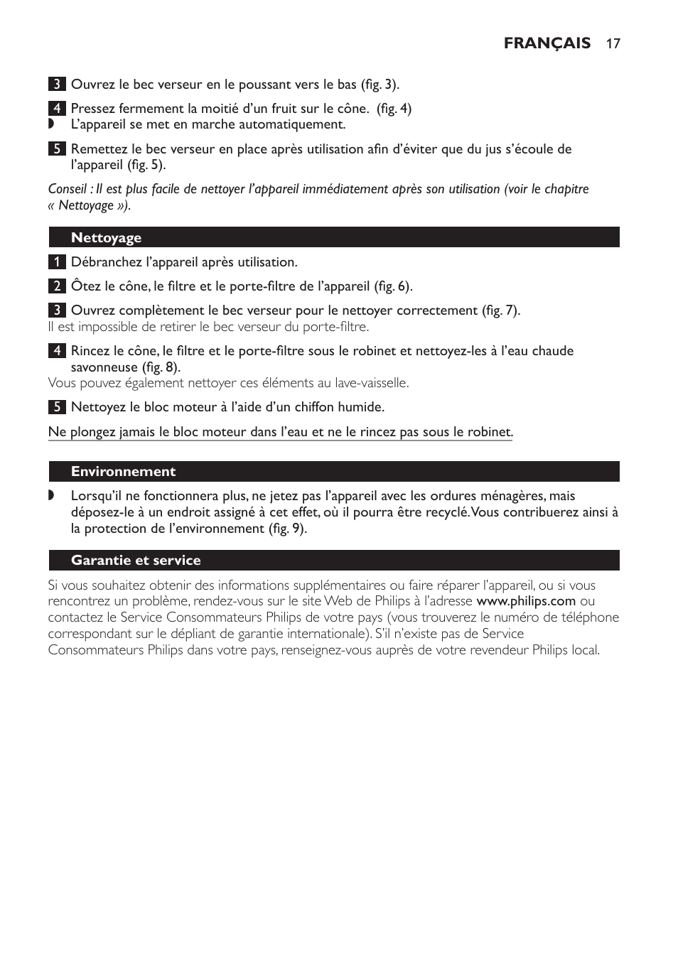 Nettoyage, Environnement, Garantie et service | Philips Exprimidor User Manual | Page 17 / 38