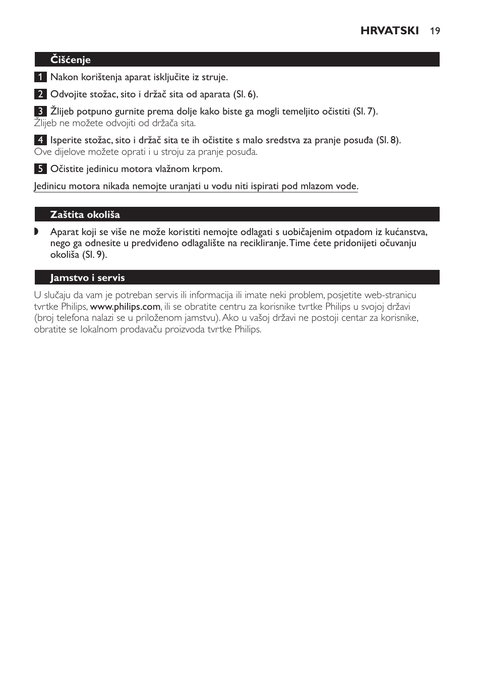 Čišćenje, Zaštita okoliša, Jamstvo i servis | Philips Exprimidor User Manual | Page 19 / 38