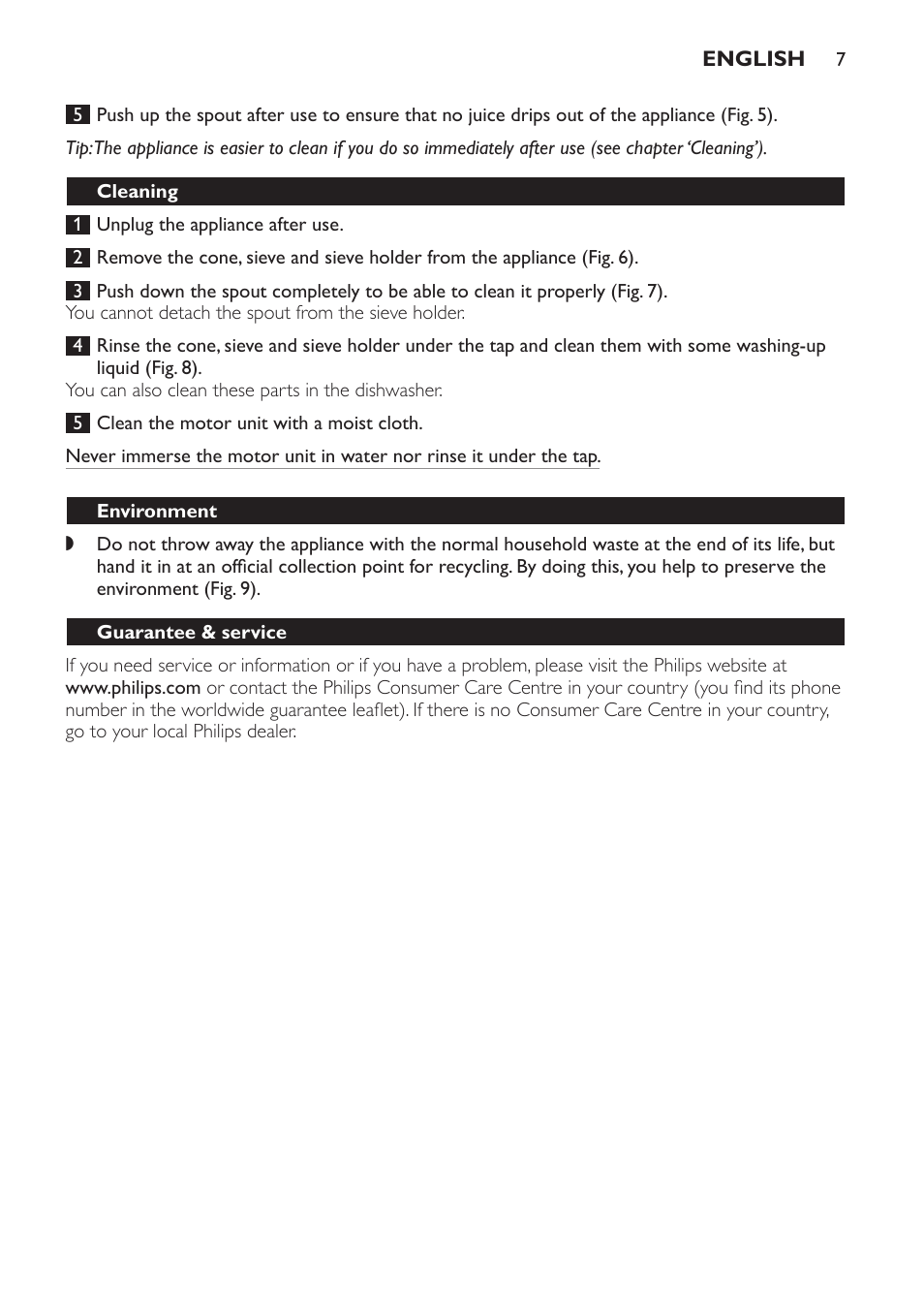 Cleaning, Environment, Guarantee & service | Philips Exprimidor User Manual | Page 7 / 38