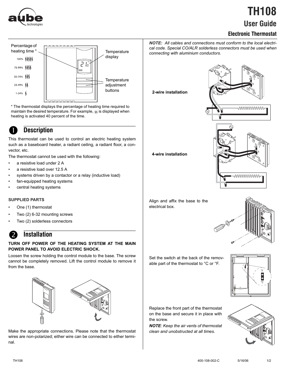Aube Technologies TH108 User Manual | 2 pages