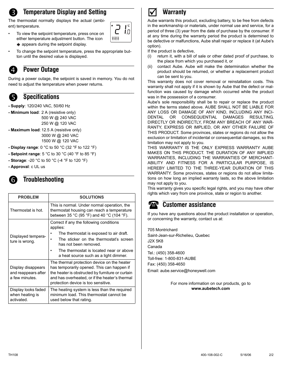 Temperature display and setting, Power outage, Specifications | Troubleshooting, Warranty, Customer assistance | Aube Technologies TH108 User Manual | Page 2 / 2