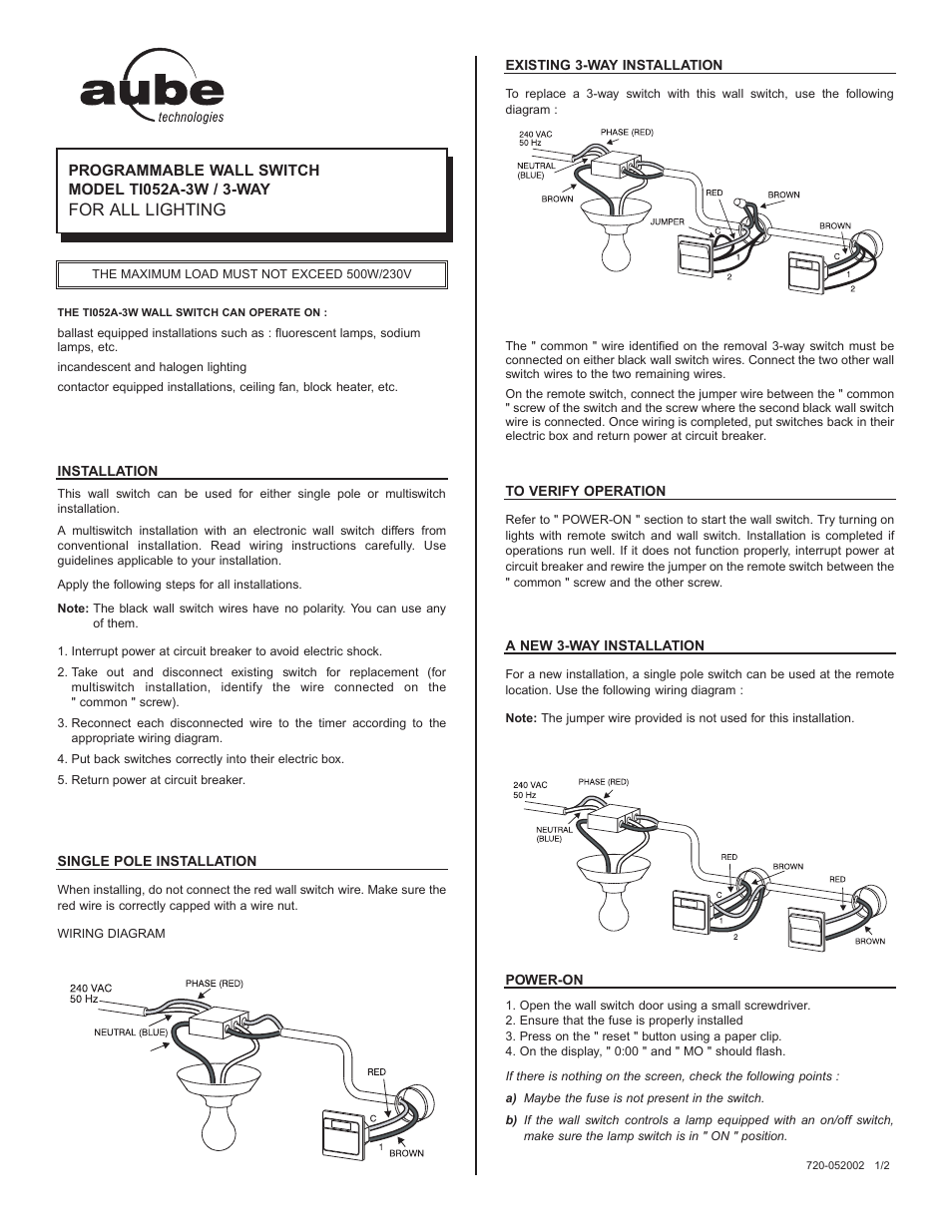 Aube Technologies TI052A-3W User Manual | 2 pages