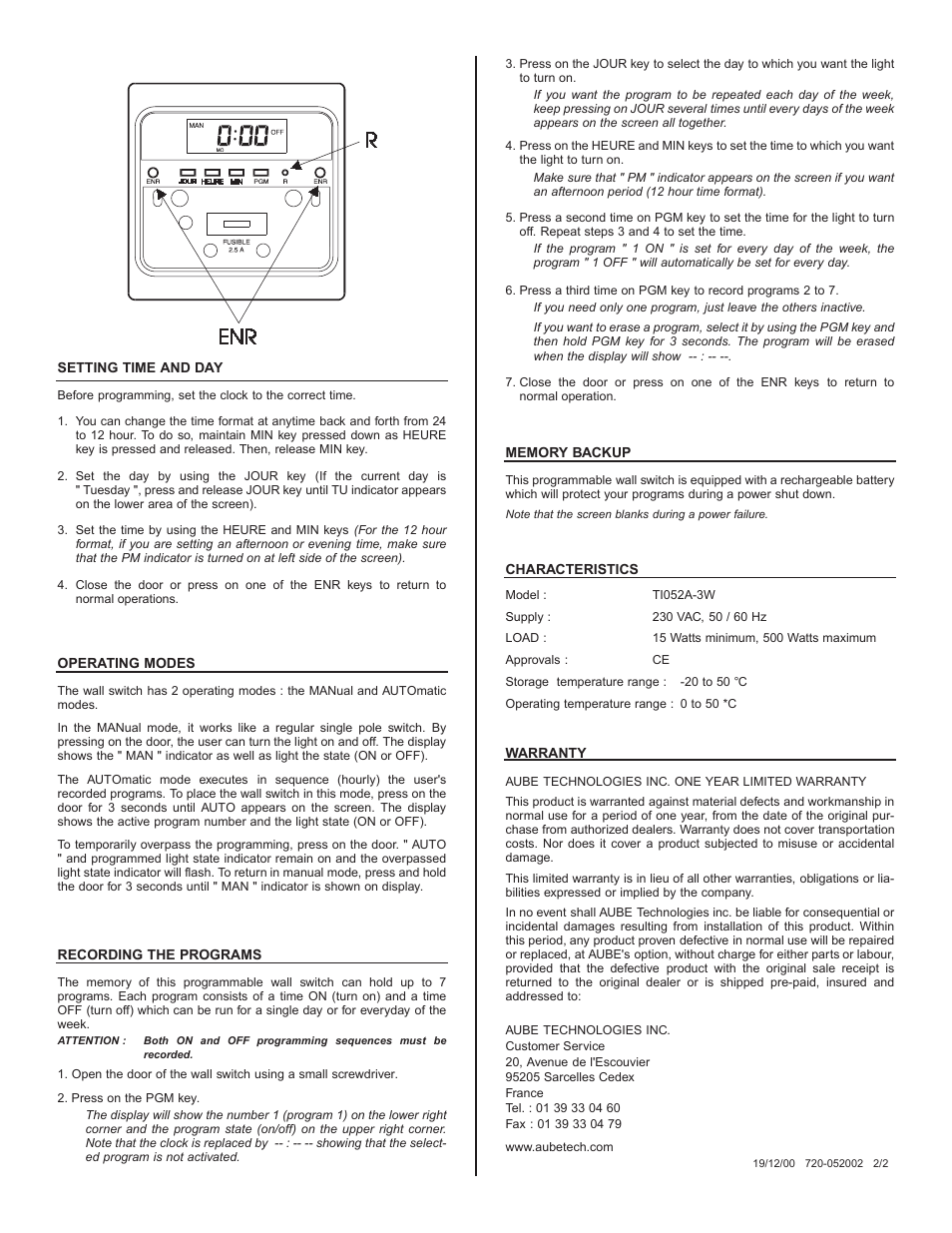 Aube Technologies TI052A-3W User Manual | Page 2 / 2